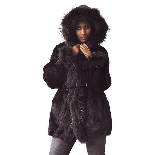 Winter Fur Ladies Brown Genuine Knitted Mink 3/4 Coat With Raccoon Trimmings And Hood W09KQ03